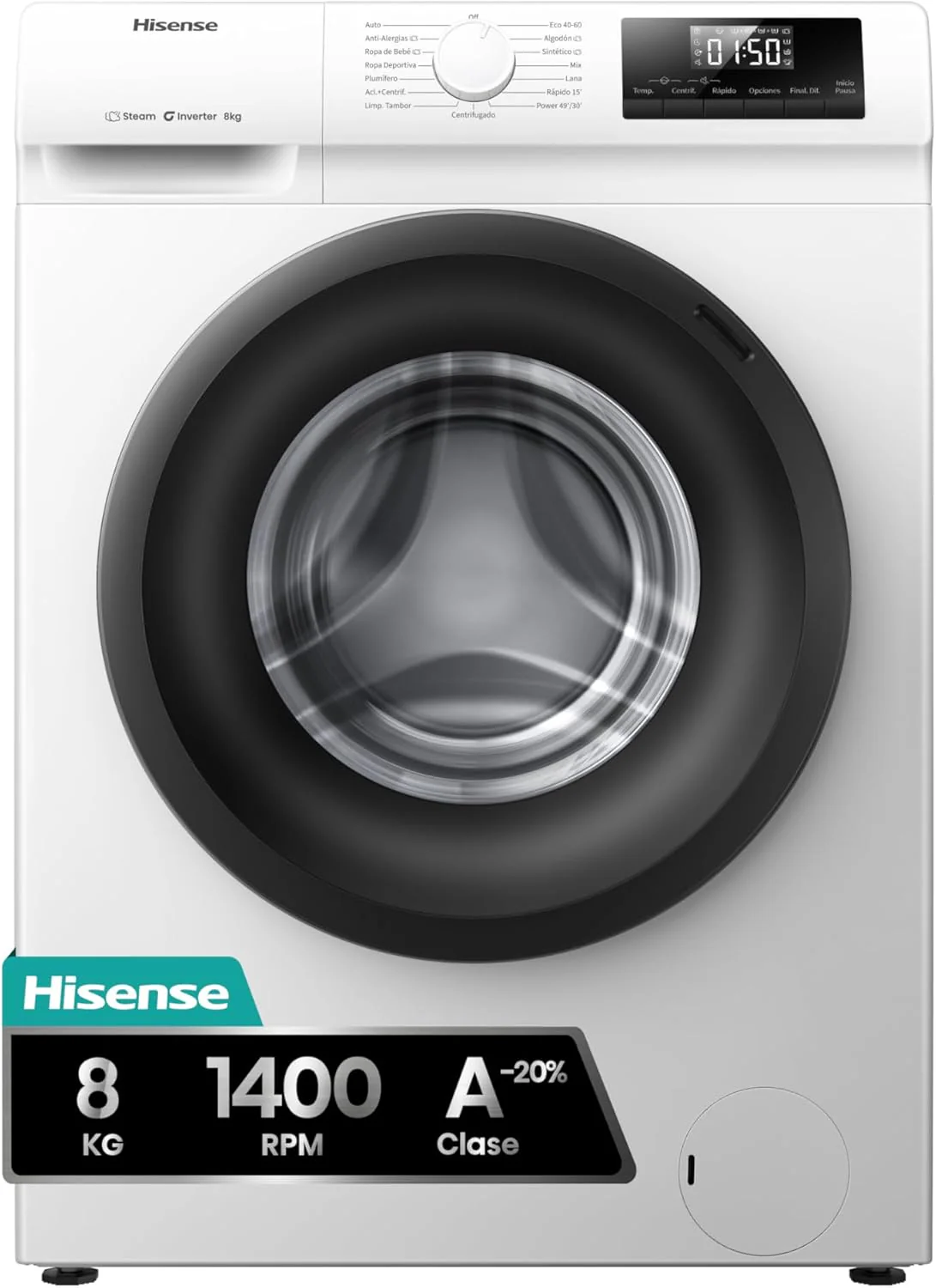 Hisense WF1Q8041BW2 – Washing Machine, Class A, 8 kg, 1400 rpm, Height 85 cm x Width 60 cm, White, Steam Function 99.9%, Fast Washing+, Automatic Wash, Deferred Finalization, Inverter Technology