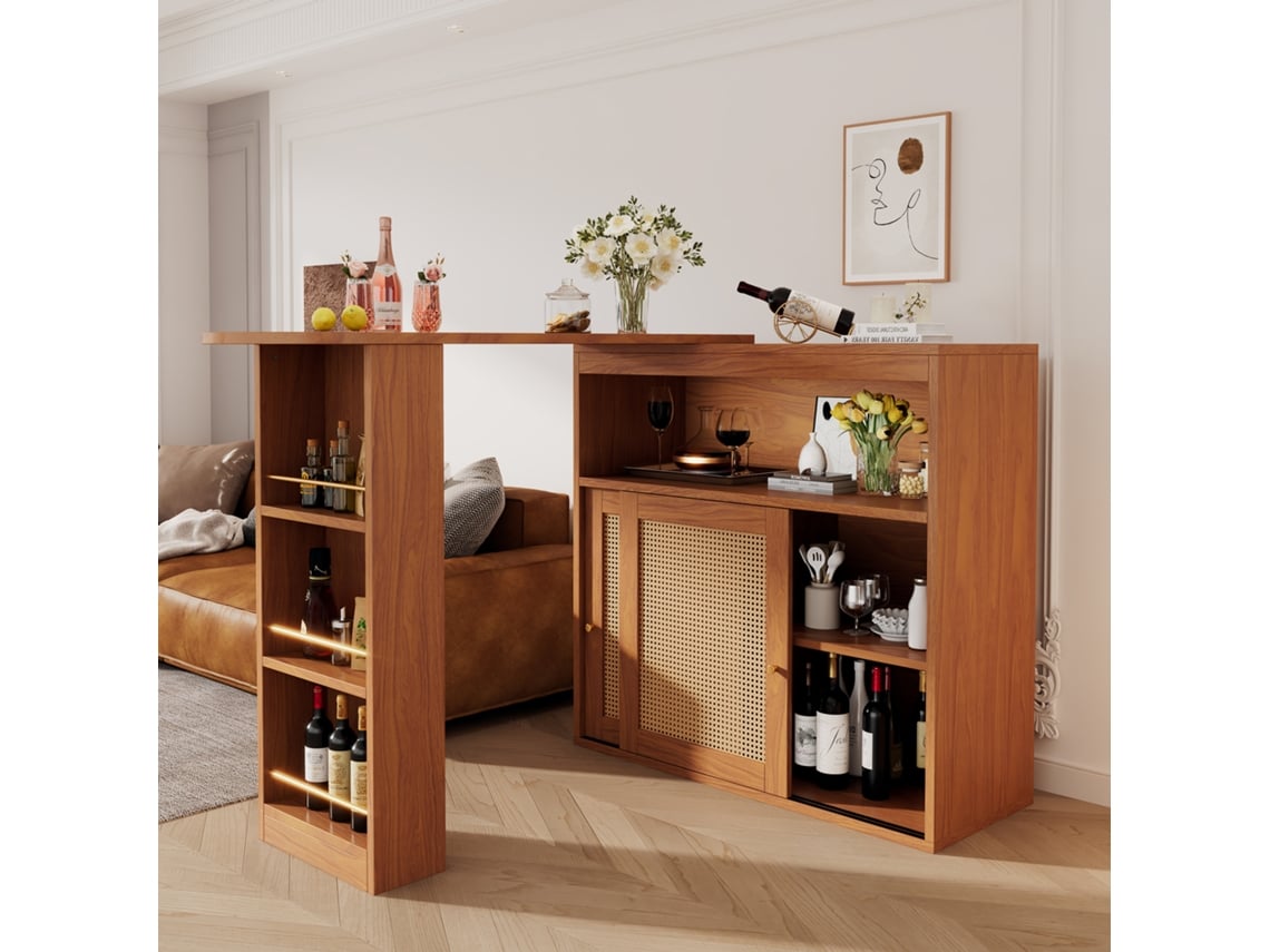 Mesa De Bar Extensível Com Frente De Vime E Prateleiras Ajustáveis, Estrutura Moderna Pangshiyuan (138 193x39x104cm)