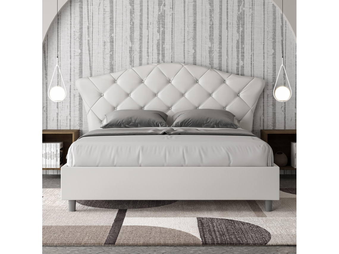Cama de Casal Queen Size Con Estrado Estofada LangreITYHOME (160 x 200 cm - Painéis de Melamina e Couro Sintético)