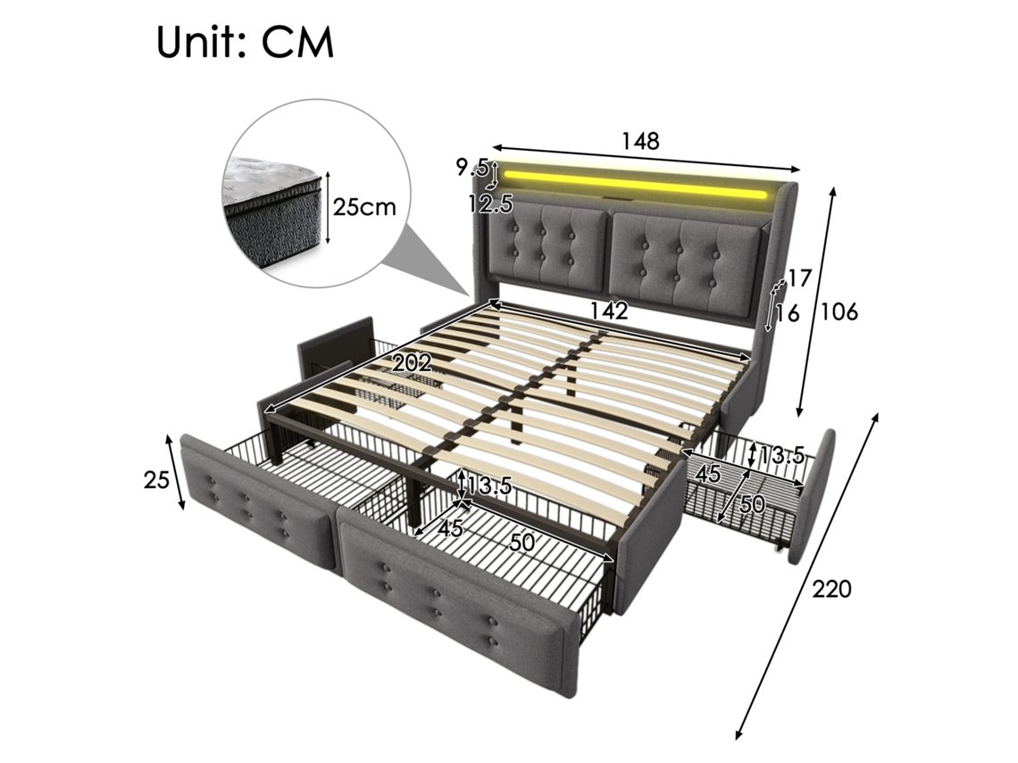Cama Estofada 140x200, Cama De Casal Com Cabeceira Led E Usb C E 4 Gavetas, Camas De Arrumação, Cinzento, Sem Colchão